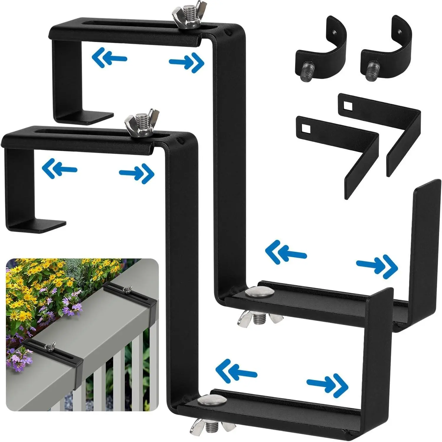 Adjustable Planter Box Bracket, Black, 1 Pair - Hanging, Metal Alloy Steel Iron, Compact, No Drill, Fits 5-8.3 Inch Width, Suitable for Railings, Windows, Balconies, Fences