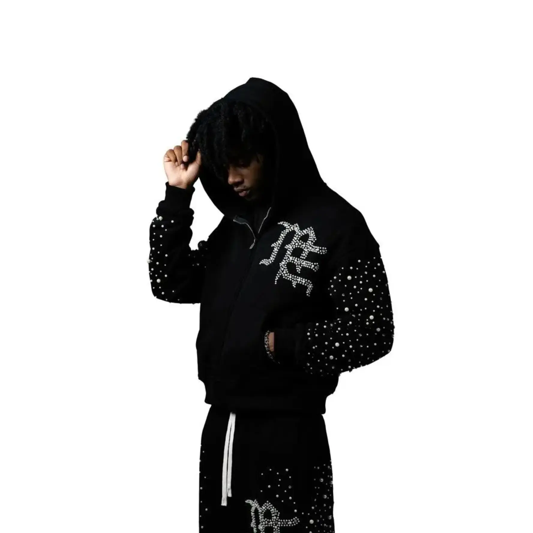 MIXED EMOTIONS Rhinestone Pearl Sleeve Zip Up Hoodie 100% Cotton Loose Oversized Y2K Gothic Monogram Hooded Sweatshirt Autumn Winter Streetwear Jacket Top Men Women
