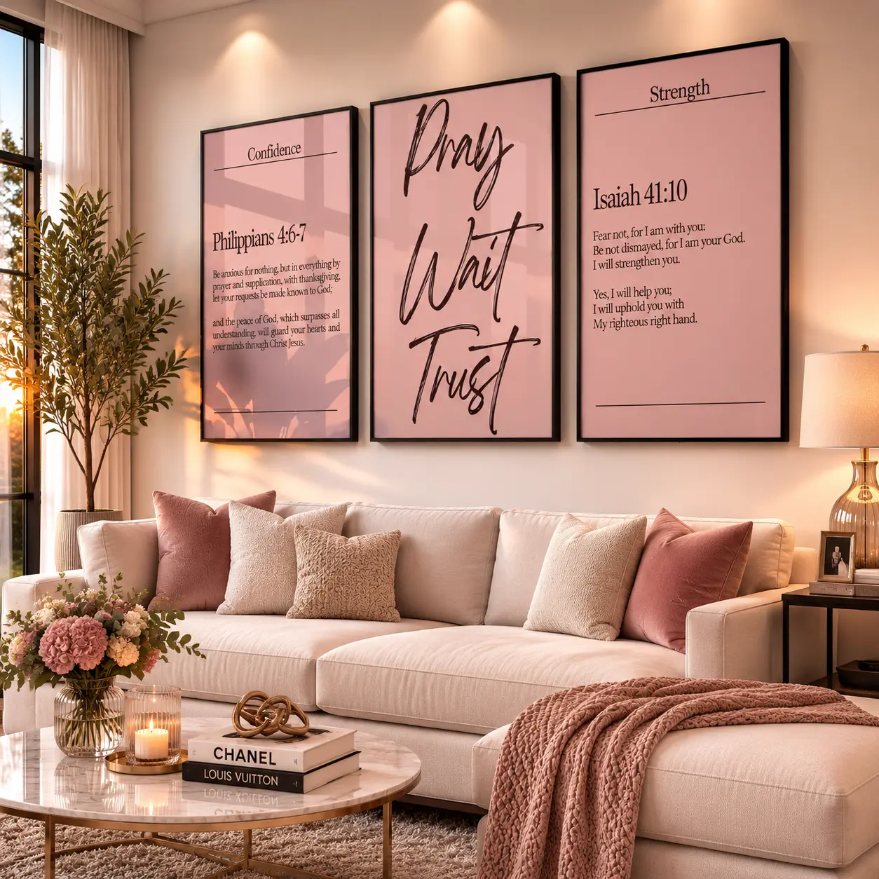 Pink Christian Wall Art Bible Verse Canvas Print Philippians 4:6 Isaiah 41 Scripture Poster Modern Faith Decor Inspirational Artwork for Christian Girl Bedroom Home and Room Decoration