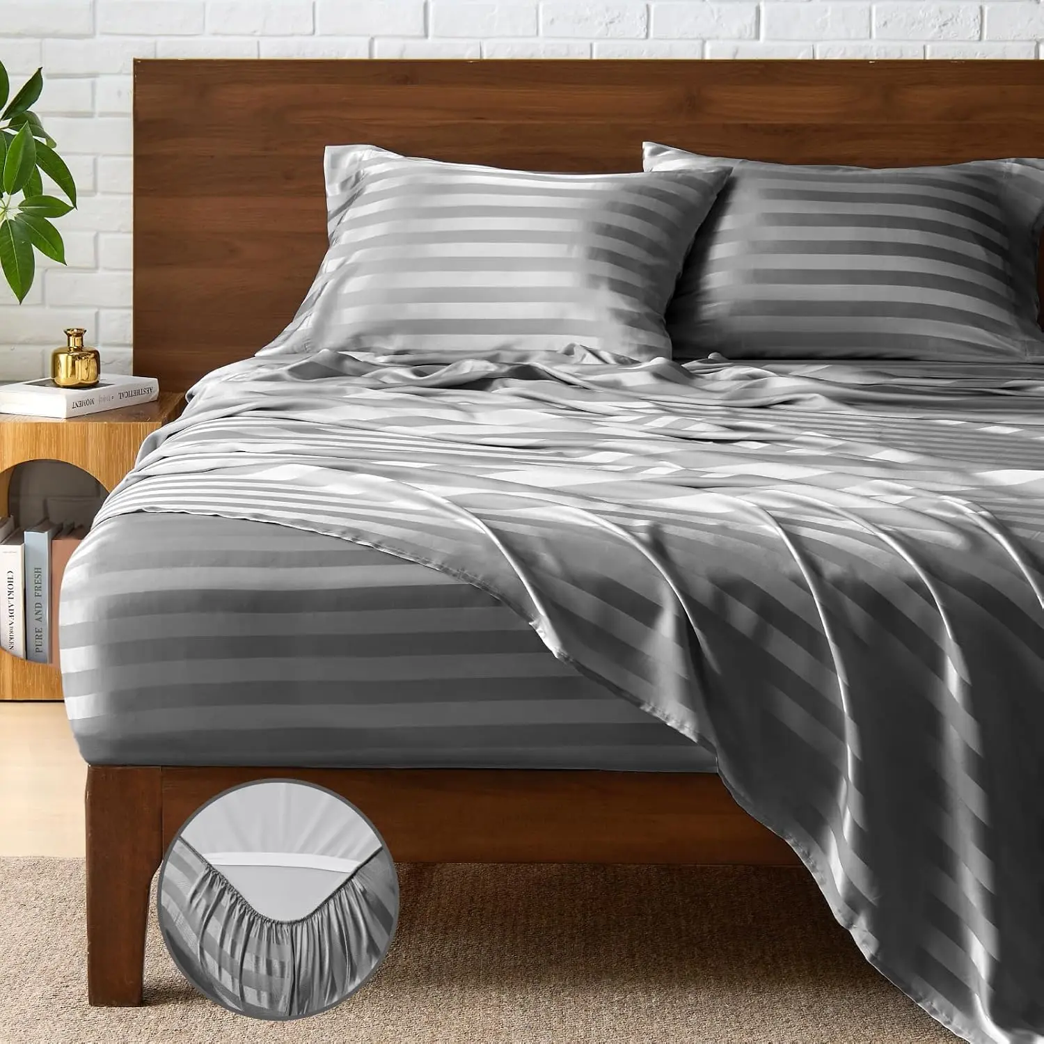 Satin Sheets Queen Size, Luxury Jacquard Striped Dark Grey Bedsheets with Elastic Corner Straps, Similar to Silk Sheets Set 4 PC with 1 Deep Pocket Fitted Sheet, 1 Flat Sheet, & 2 Pillowcases
