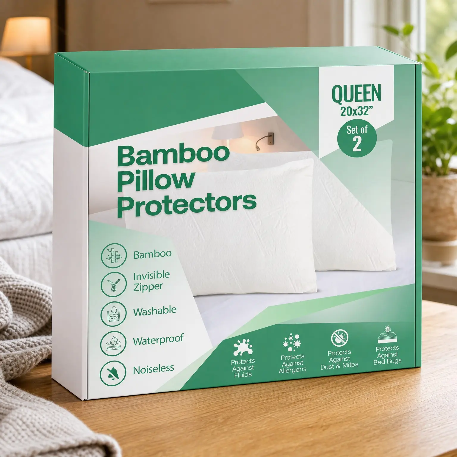Waterproof Bamboo Viscose Pillow Protector Covers - Allergy, Dust & Mite Proof Zippered Pillowcases, Queen Size, Set of 2Gift