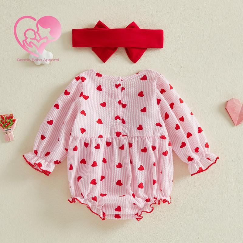 (90% Cotton) GBA Infant Baby Girl Valentines Day Outfit Long Sleeve Heart Letters Bow Romper with Hairband Spring Clothes 0-18 Months