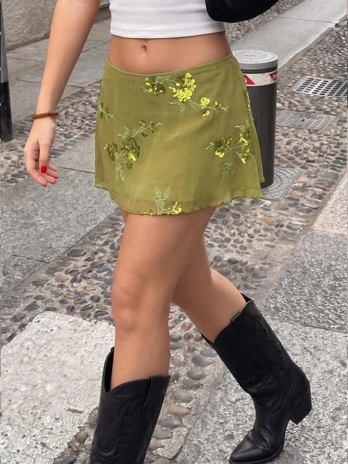 Women's Y2K low rise mini skirt, olive green chiffon skirt with sequin embroidery, Leaf, floral sequin embroidery low rise street style