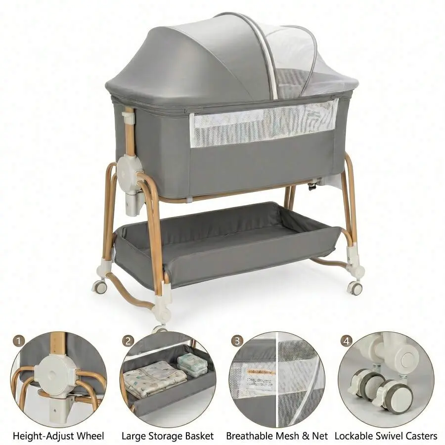 4-in-1 Baby Bassinet Bedside Sleeper - Rocking Base Crib with 7 Height Levels, Breathable Mesh Material, Portable Unit & Wheels - Prop 65 Safe Co-Sleeper for Newborns, White