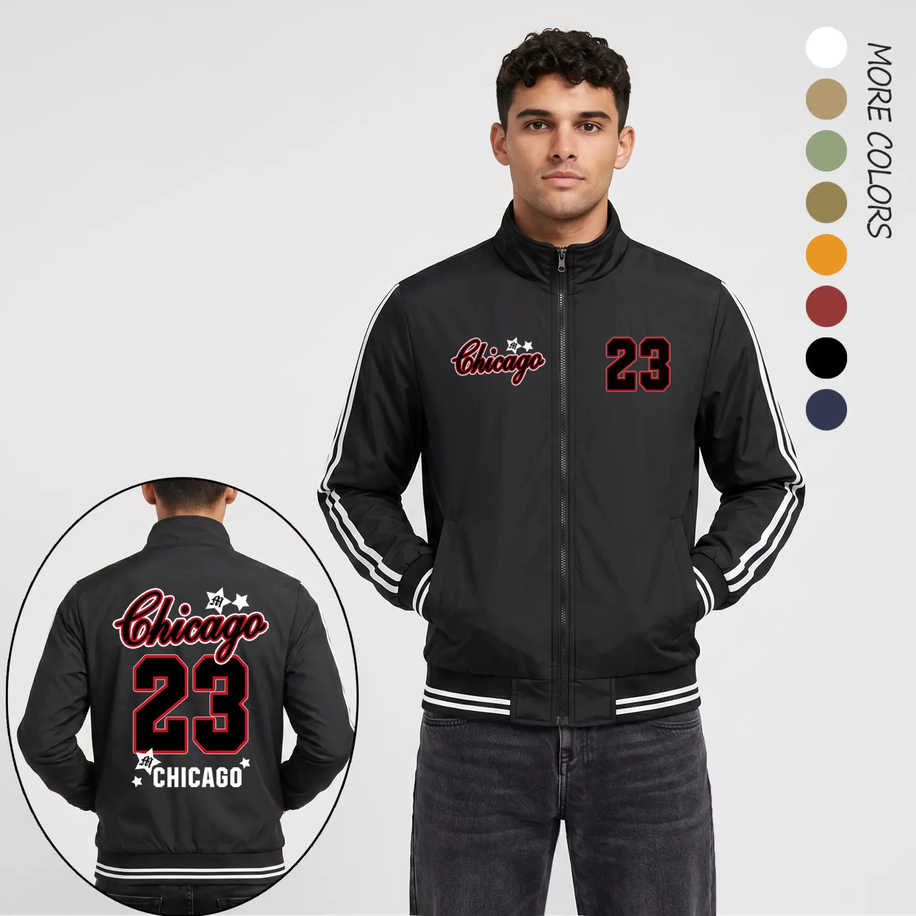 Men’s Chicago 23 Graphic Print Lightweight Bomber Jacket – Varsity Basketball Streetwear Flight Jacket with Number 23 Back Design, Star Detail, Stripe Sleeve & Urban Athletic Casual Style
