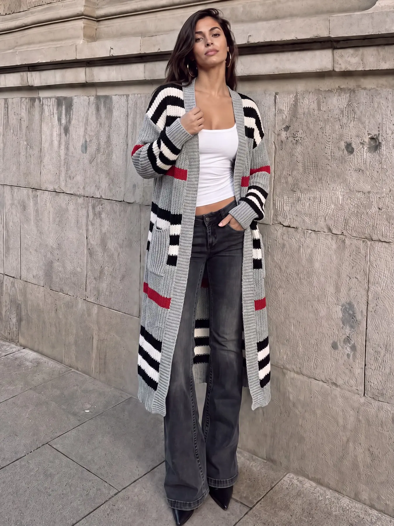 Women's Colorblock Striped Long Knit Cardigan, Loose Fit Thick Stripe Streetwear with Pockets, Fall & Winter Casual Outerwear