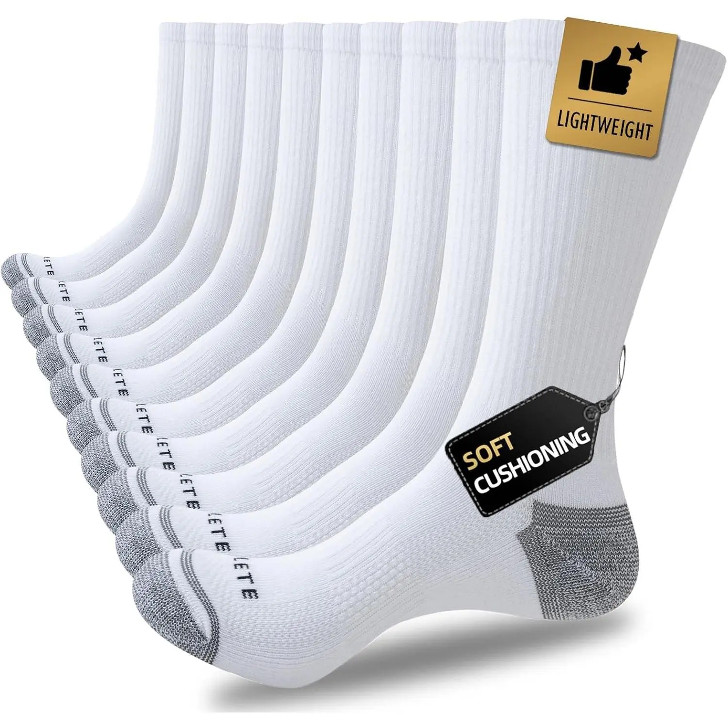 Men's Athletic Crew Socks, 5/10 Pairs, Light Cushion Work Socks | Lightweight Breathable Crew Socks with Terry-Cushioned Soles & Arch Support for Work, Running & Daily Wear