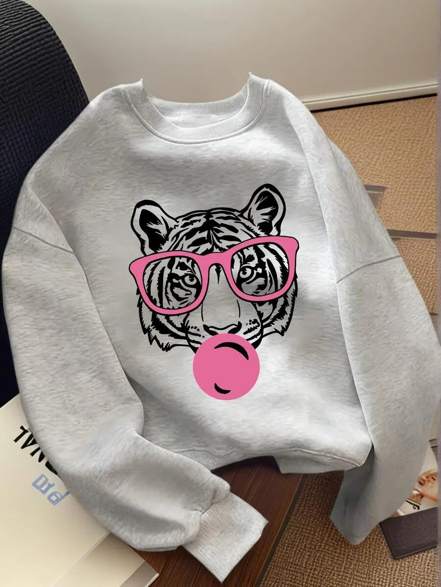 Casual Graphic Print Crew Neck Sweatshirt,  Autumn/Winter - Eyeglass Frame Tiger Print Sweatshirt For Animal Lover