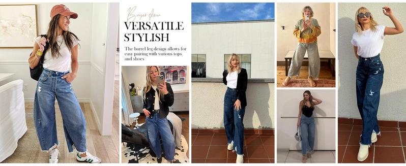 Imily Bela Women's Baggy Wide Leg Jeans Barrel Horseshoe Boyfriend Cropped Raw Hem Denim Pants