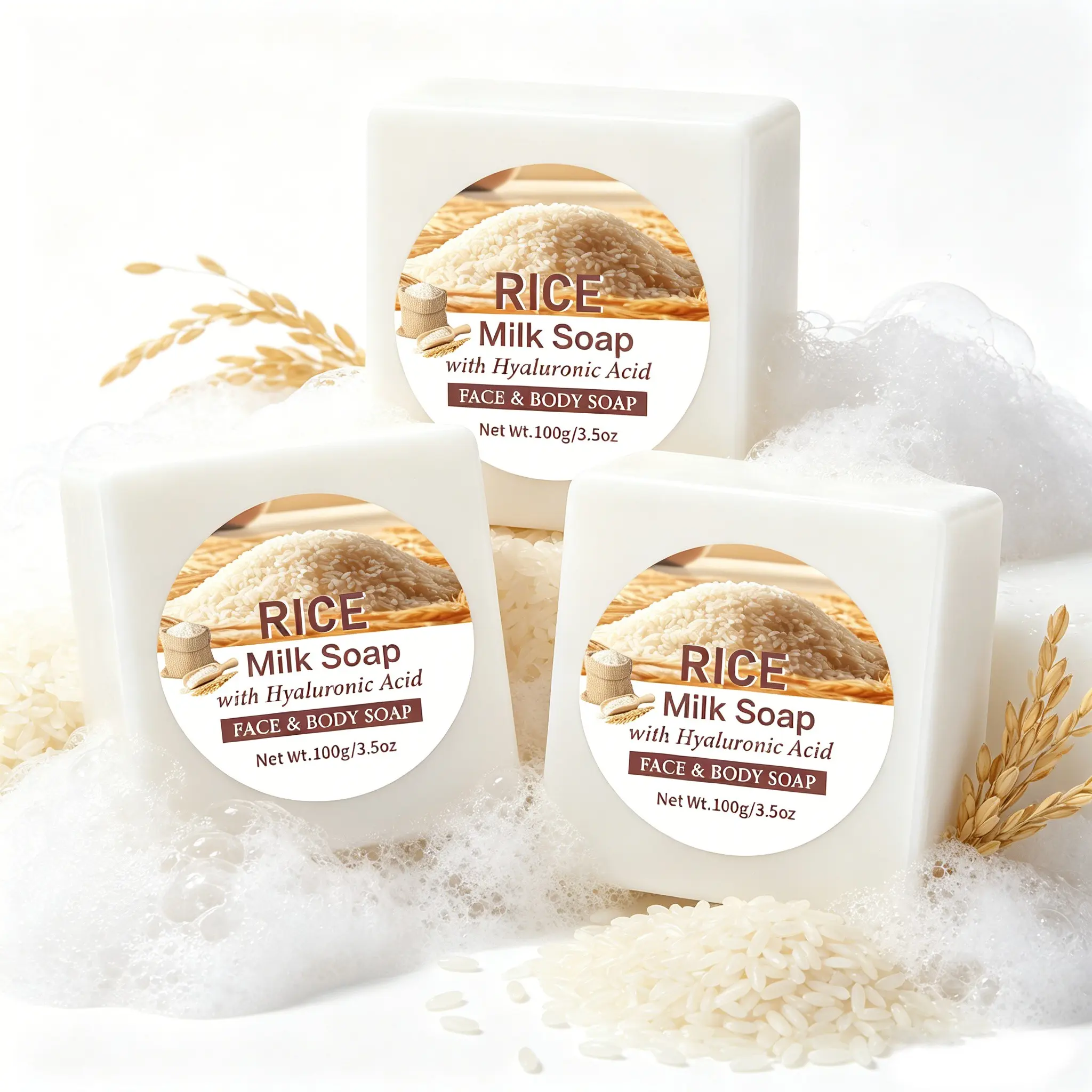 3Pcs- Rice Milk Soap, Moisturizing Soap, Rice Soap For Face, Skin Brighten, Contains Milk And Rice Extract, Firm And Moisturize The Skin, 100 G- Bathroom Cleaning And Brighten Products Suitable For All Skin Types
