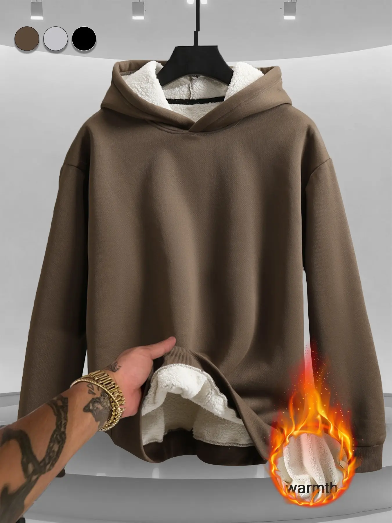 Winter Thermal Men Thick Sherpa‑Lined Pullover Hoodie, Solid‑Color Loose‑Fit Heavyweight Hooded Sweatshirt, Warm Basic Daily‑Wear Hoody for Cold Days, Casual Street‑Style and Outdoor Looks #springsaledeals2026 #mensfashion #fyp