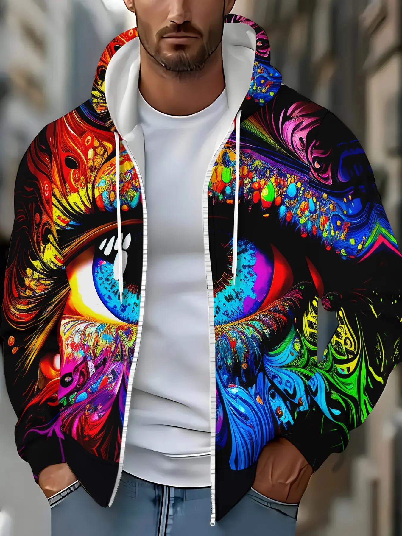 Vibrant Eye Print Zipper Sweatshirt, Casual Loose-Fitting Men's Hooded Jacket, All-Season Outer Vest, Random Print Style