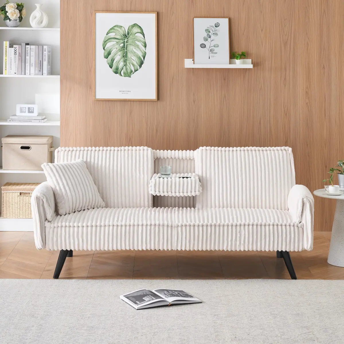 White 3-Seater Adjustable Corduroy Reclining Sofa - Solid Wood Frame, S-Spring & Sponge Support, 500 Lbs Cap., Oak & Plastic Legs, Hidden Retract Cup Holder, 3-Position Reclining Back, Easy Assembly, Living Room Comfy Couch, Sturdy Indoor Furniture