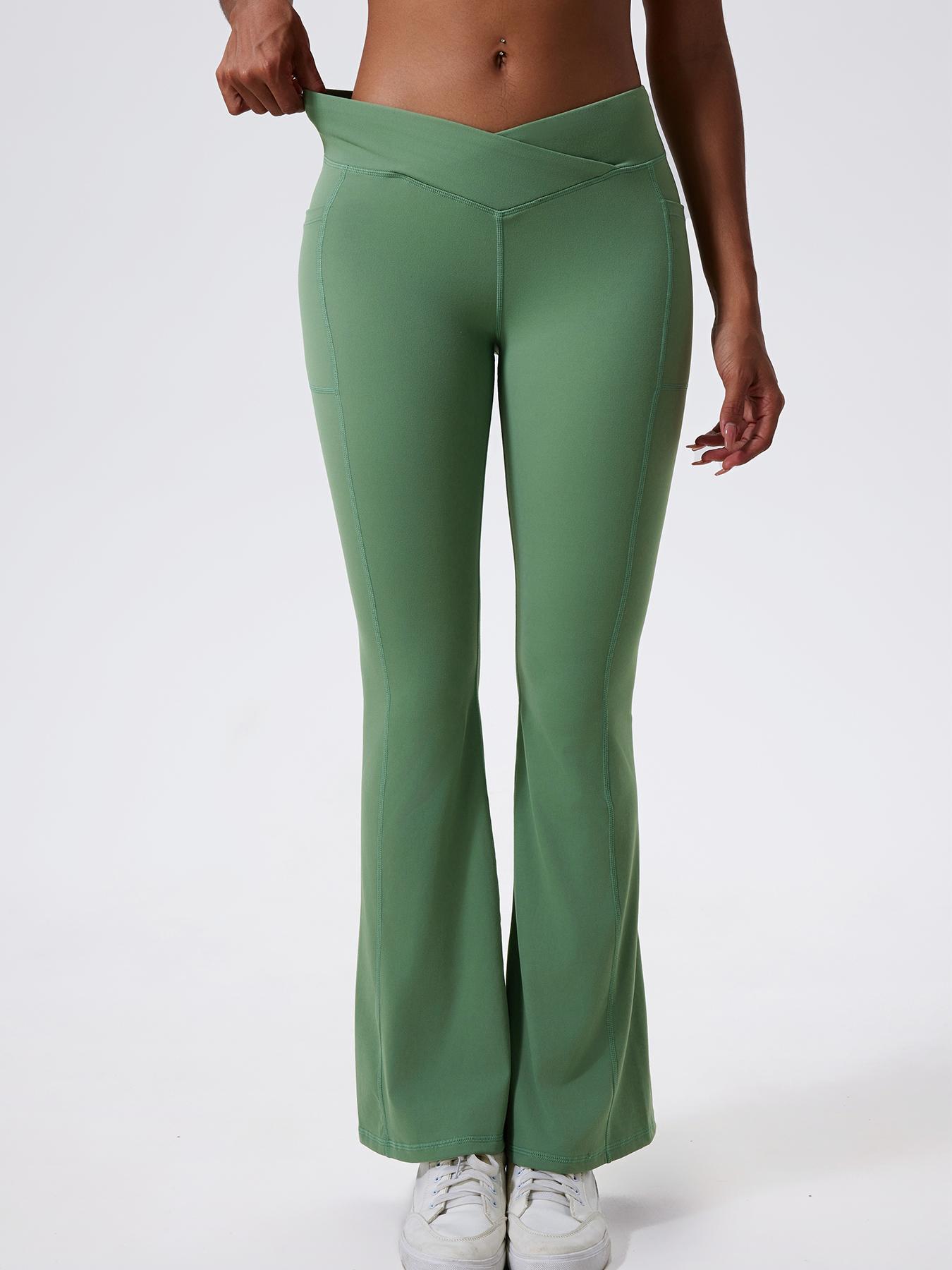 Women's Solid High Waist Flare Leg Sports Leggings, Sporty Overlap Waist Pocket Skinny Pants for Yoga Gym Workout Running, Ladies Sportswear for All Seasons, Flared Yoga Pants, Flared Yoga Bottoms, High Waisted Leggings