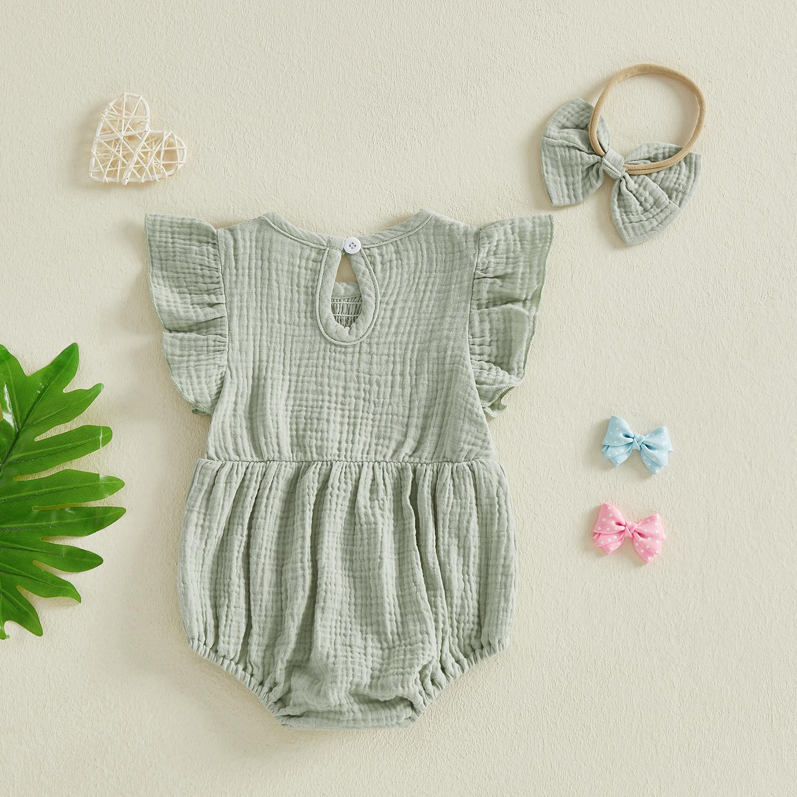 Newborn Baby Girl Romper Ruffle Sleeve Solid Smocked Bubble Romper Jumpsuit Bow Headband Cute Infant Summer Clothes