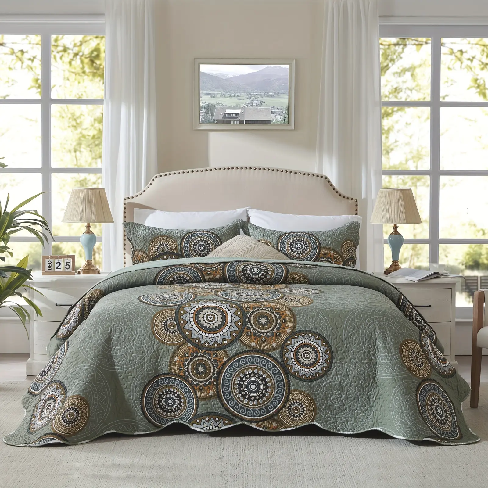 3 Pcs Queen & King Size Quilt Set, Orange Rust Olive Green Grey Floral, Luxurious Soft Lightweight Microfiber Bedspread Coverlet, Warm Oversized All Season Bed Cover (1 Quilt + 2 Pillow Shams)