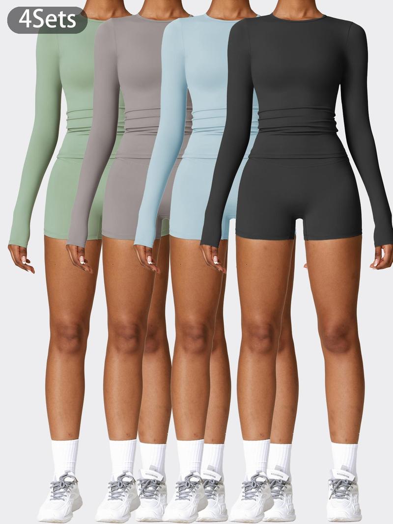 Women's Solid Round Neck Sports Tee & High Waist Shorts Tracksuit Set, Long Sleeve Tight-fitting Top & Skinny Shorts, Summer Outfits 2024, Ladies Sportswear for Indoor Outdoor Wear