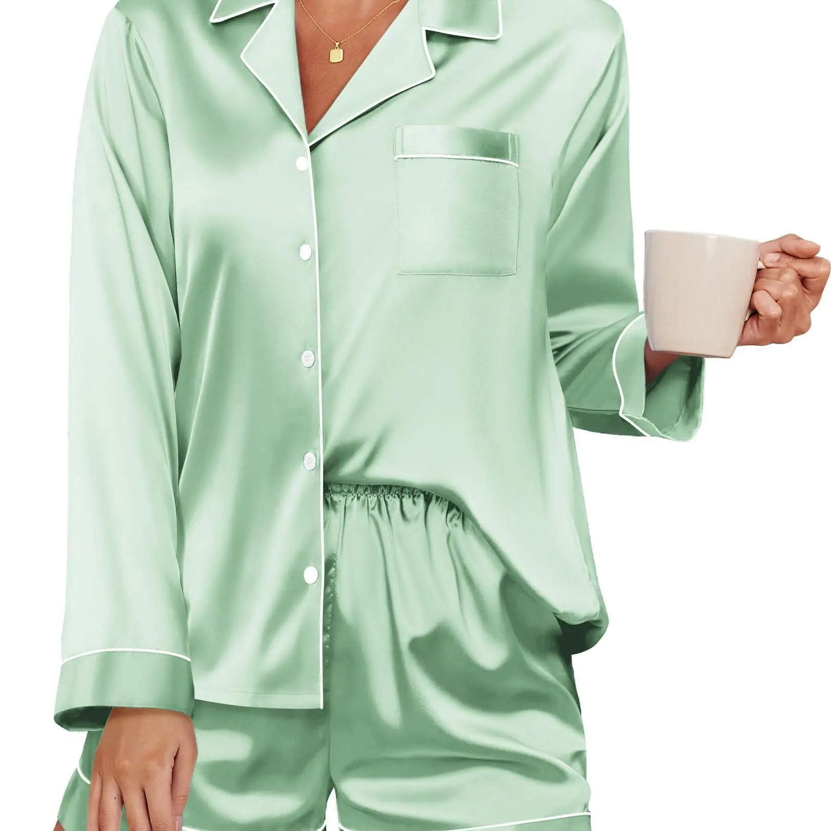 J-Satin Pajama Set for Women Button Down Pj Set Long Sleeve Top and Shorts 2 Piece Loungewear Summer Soft Sleepwear