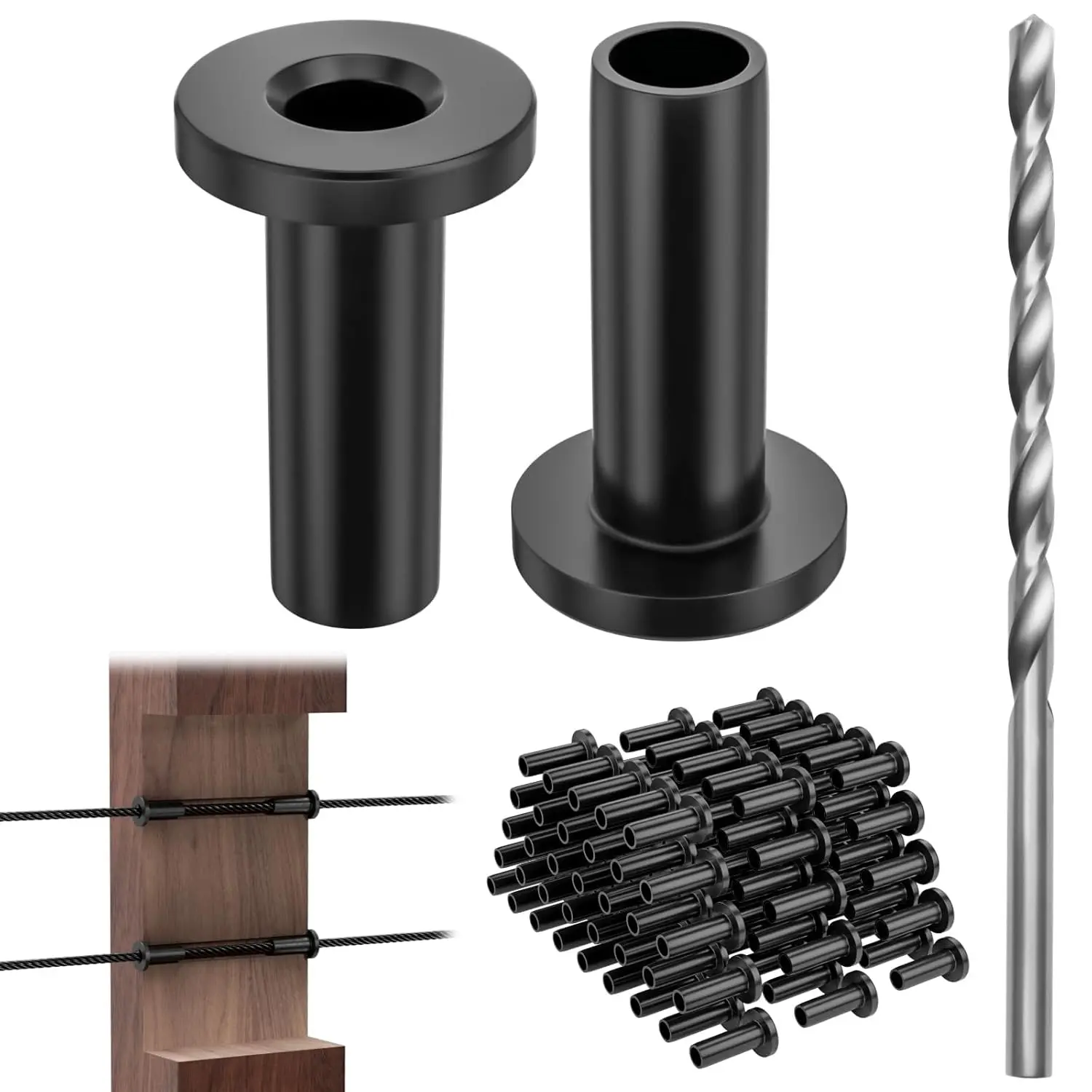 Cable Railing Protector Sleeves - 50-Pack T316 Stainless Steel Protective Kit, 1/8", 3/16", 5/32" Black Deck Cable Guard Hardware for Wood Post Fit
