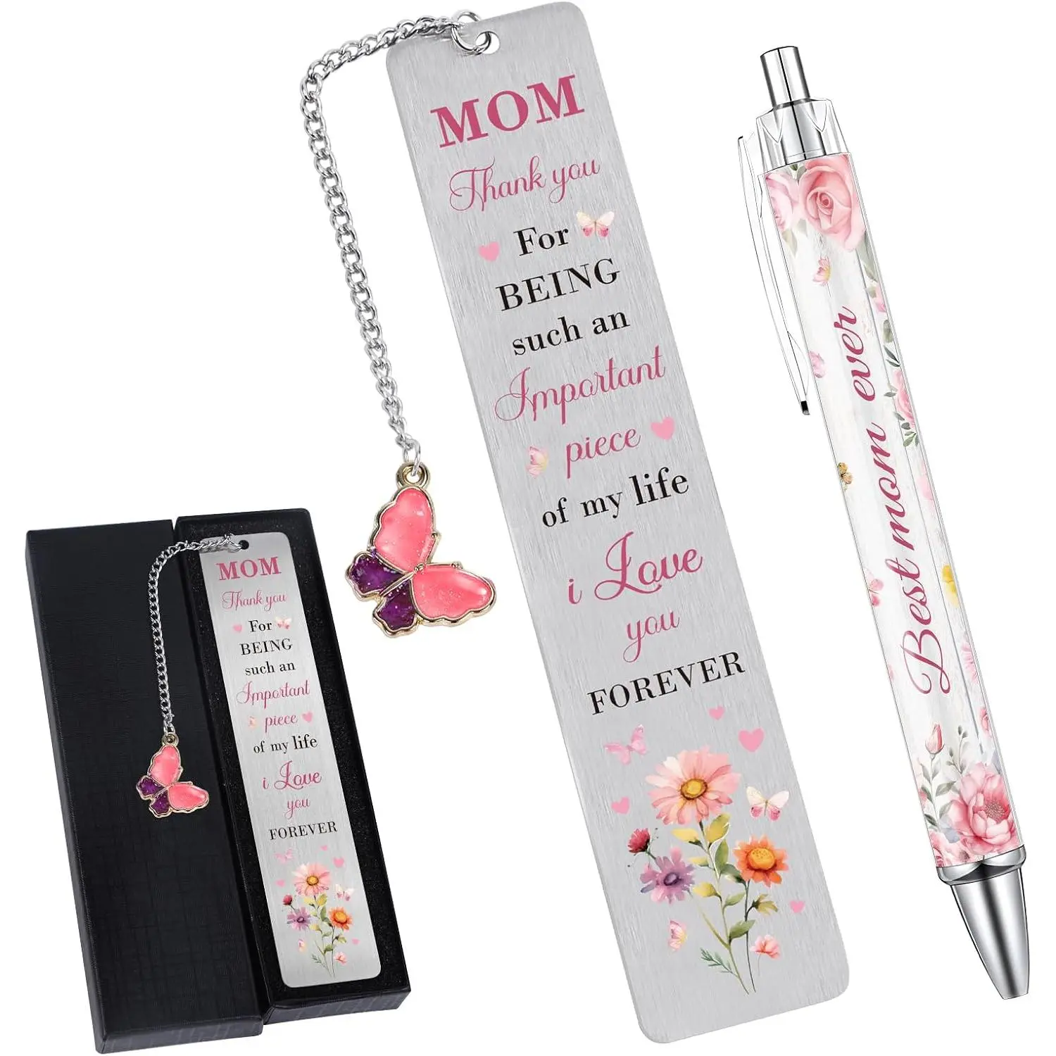 Metallic Butterfly Mom Bookmark with Pen - Office Stationery Gift for Mothers, Inspirational Appreciation Present for Birthdays, Christmas (Includes Pen)