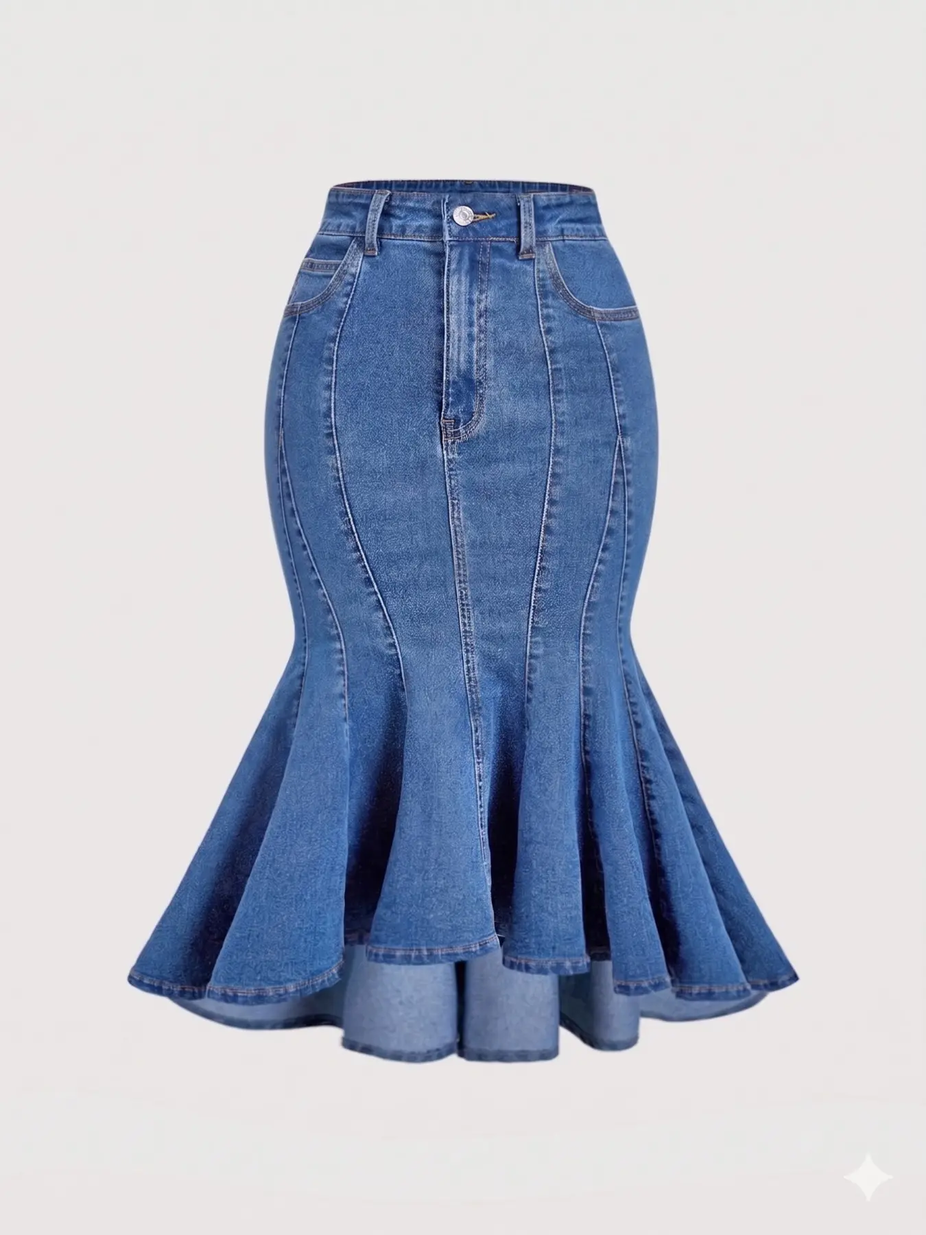 High-Waisted Pearl Rhinestone Decorated Denim Fish Tail Skirt, Light Washed Water High Waist Jean Half Dress, Stylish Women's Fashion