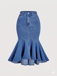 High-Waisted Pearl Rhinestone Decorated Denim Fish Tail Skirt, Light Washed Water High Waist Jean Half Dress, Stylish Women's Fashion
