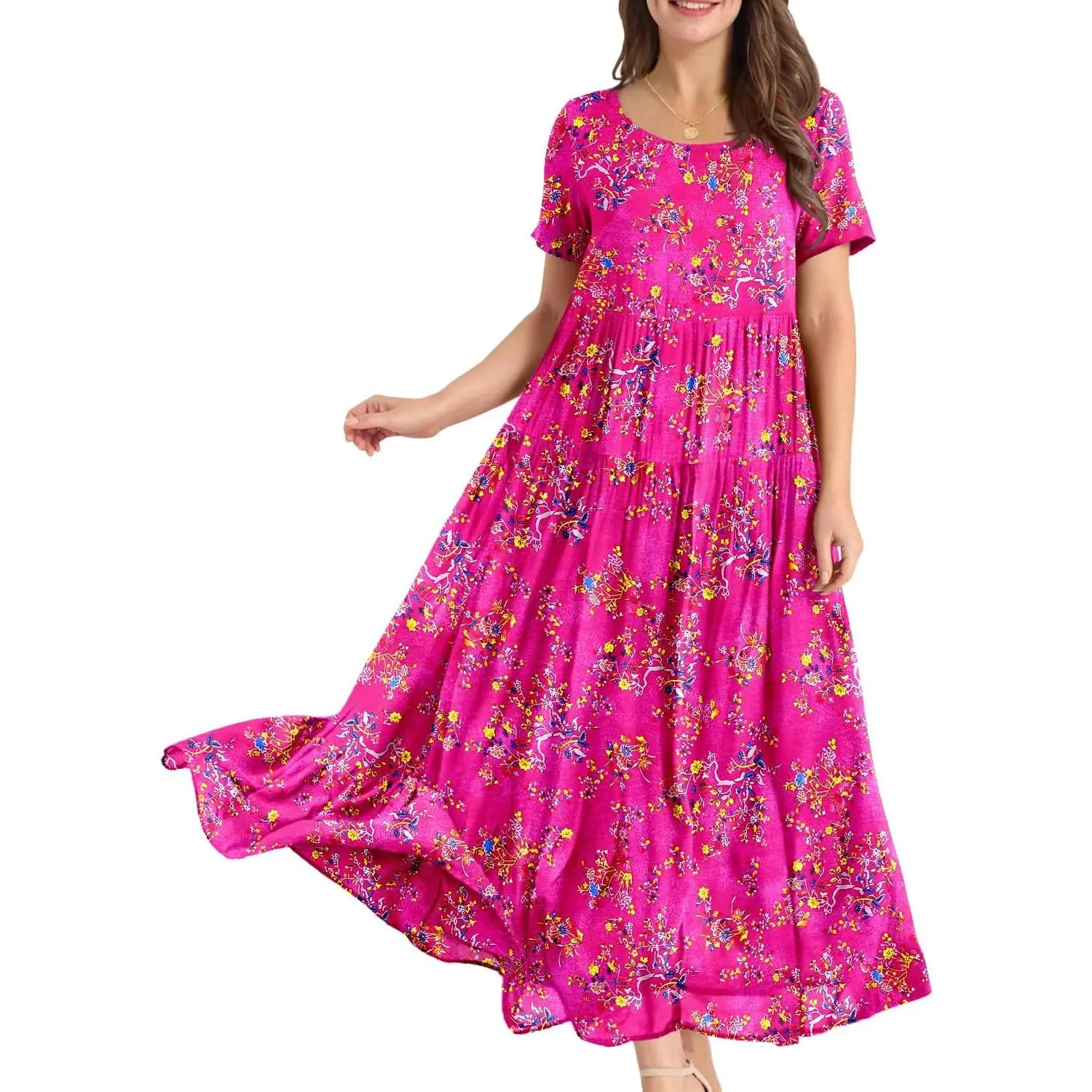 Women Casual Loose Bohemian Floral Dress with Pockets Short Sleeve Long Maxi Summer Beach Swing Dress EJF