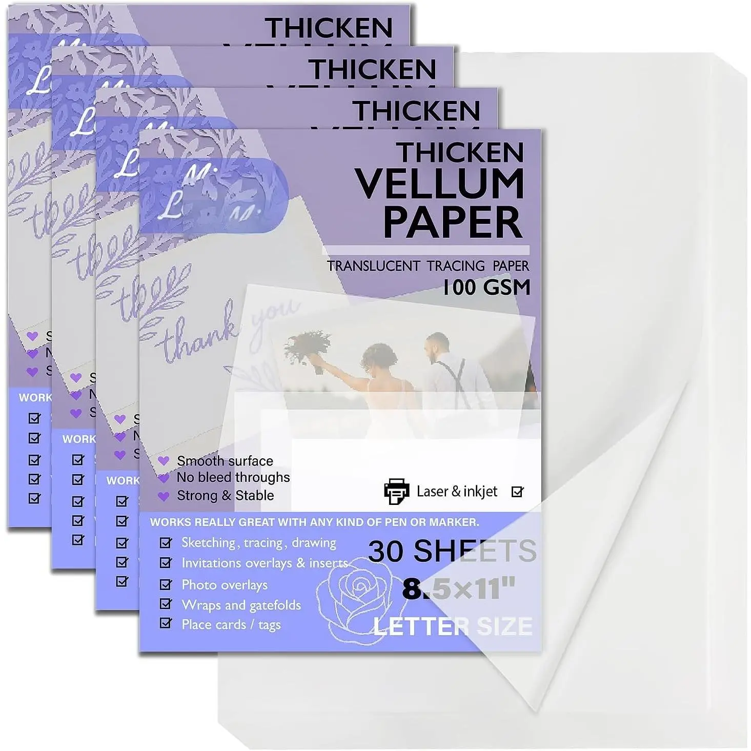 120 Sheets Translucent Vellum Paper 8.5 x 11 Inch, Printable 100gsm/68lb Tracing Paper for Invitations, Greeting Cards, Drawing, Sketching and Writing