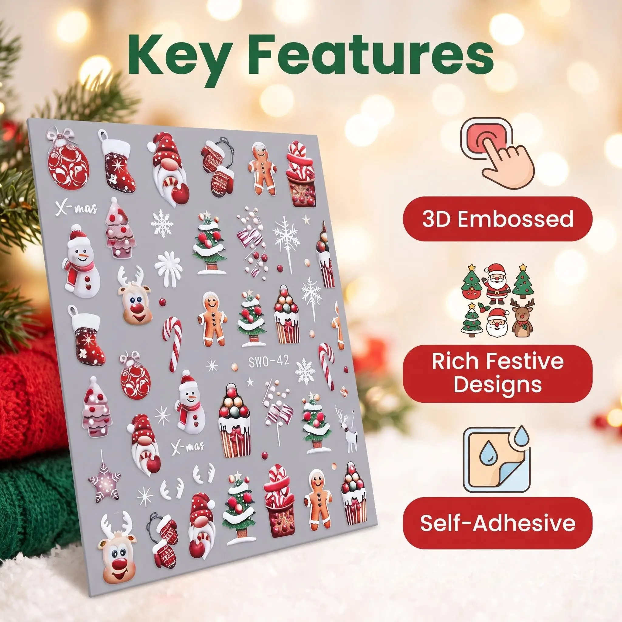 2-Pack Christmas 5D Nail Art Stickers, Self-Adhesive DIY Nail Decorations, Butterfly Ribbon Holly Snowflake Santa Claus Design