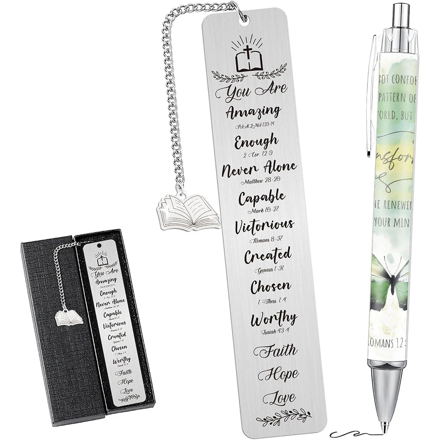 Bookmark and Pen  Set with NFC – Inspirational Metal Bookmark with Scripture Verses, Engraved Ballpoint Pen,  Box, Christian  for Women Men Teachers Colleagues