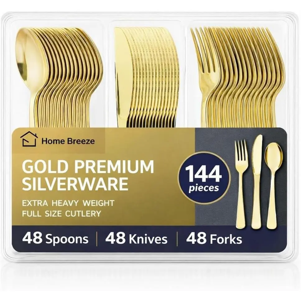 144 Pack Gold Premium Heavy Duty Plastic Silverware, 48 Forks, 48 Spoons, 48 Knives, For Catering, Parties, Dinners and Weddings, BPA-Free, Disposable Plastic Cutlery Set Utensils Set