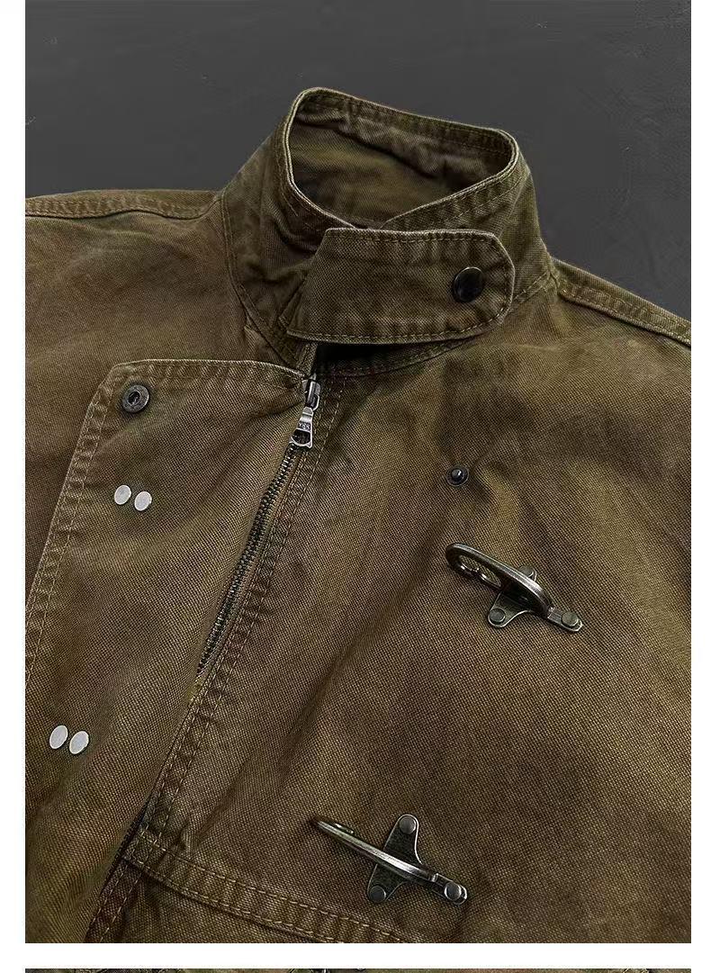 (2026 Fashion Trends) Metal Button Boxy Jacket Black Long Sleeve Stand Collar Slant Placket Unisex Fashion Street Jacket windbreaker