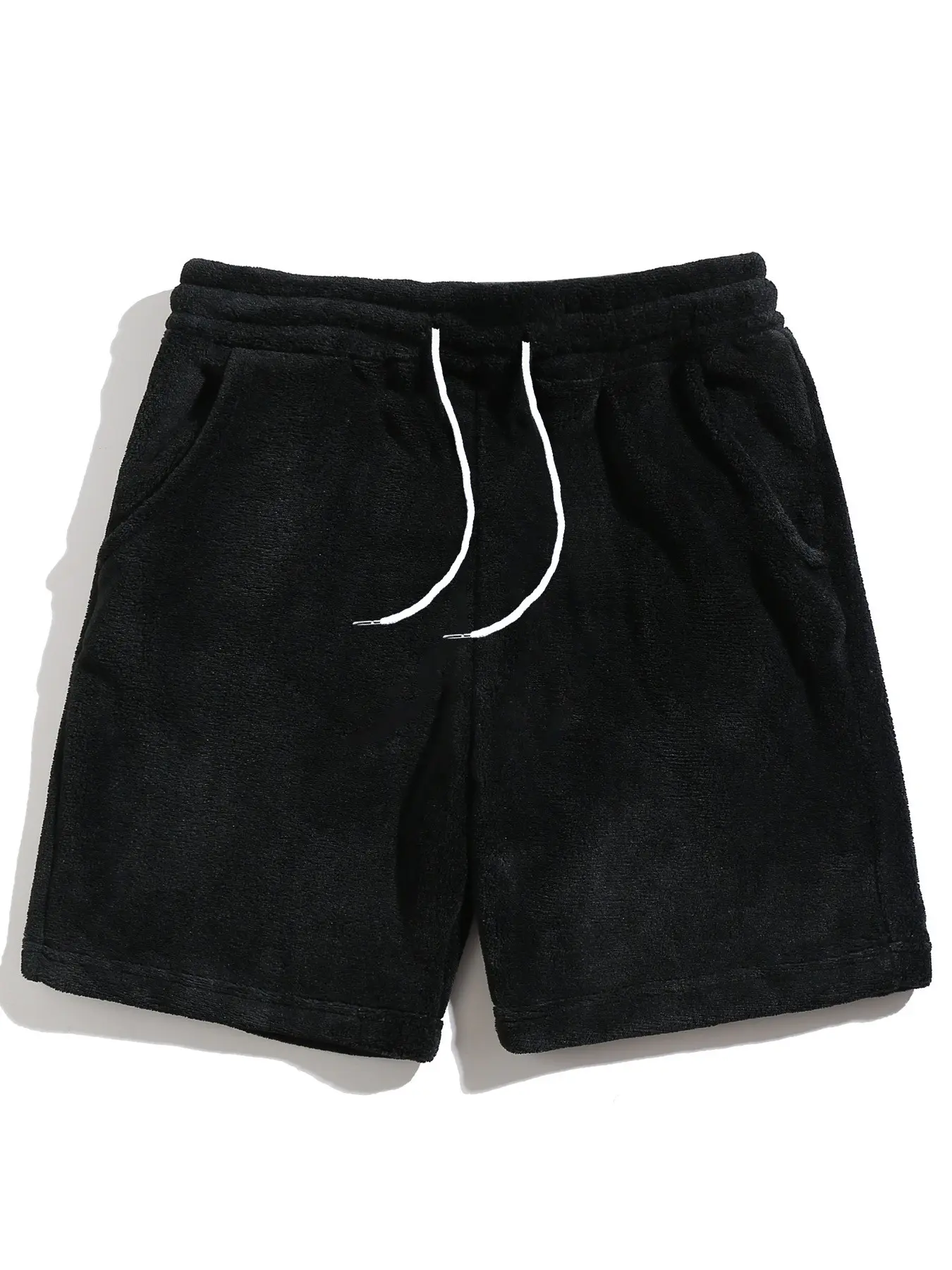 Men Coral Fleece Casual Shorts, Elastic Waist Drawstring Warm Plush Shorts With Side Pockets, Relaxed‑Fit Solid‑Color Comfort Short Pants For Home Daily Wear