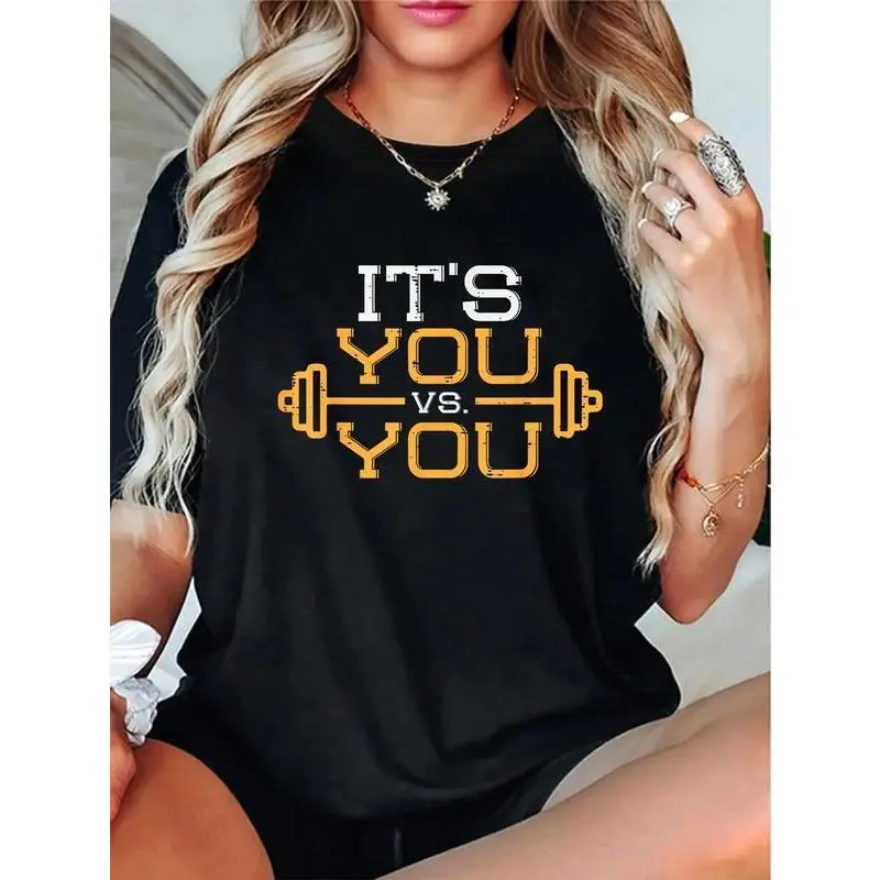 Unisex "It's You Vs You" Graphic T-Shirt - 100% Cotton Streetwear Top with Shortsleeve Round Neck for Gym Motivation & Everyday Wear