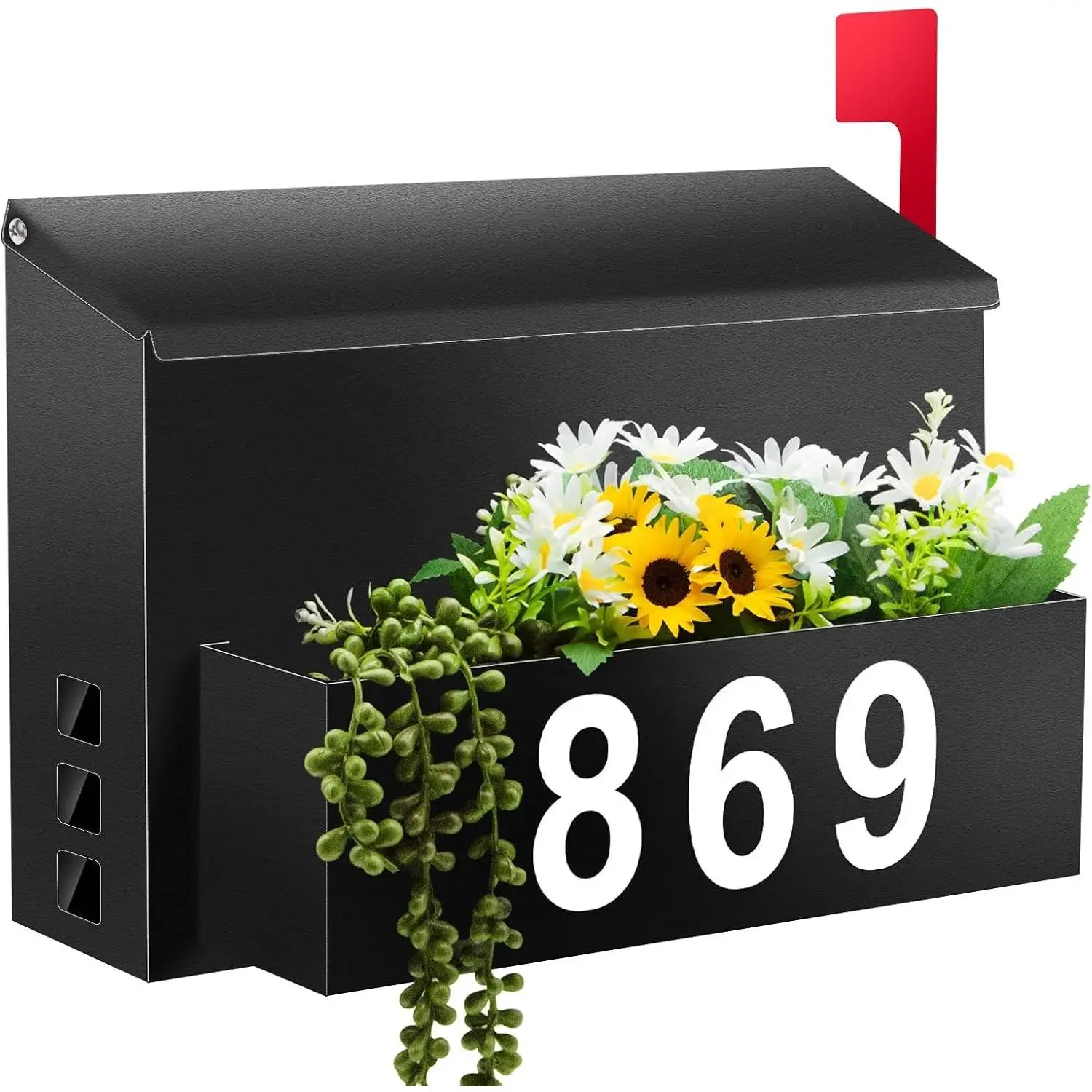 Wall-Mount Mailbox with Flag, Large Capacity Mailboxes for Outside | Metal Mail Box with Planter & 3 Sets of 0-9 Mailbox Number Stickers, Rust-Proof Galvanized Steel Post Box for House