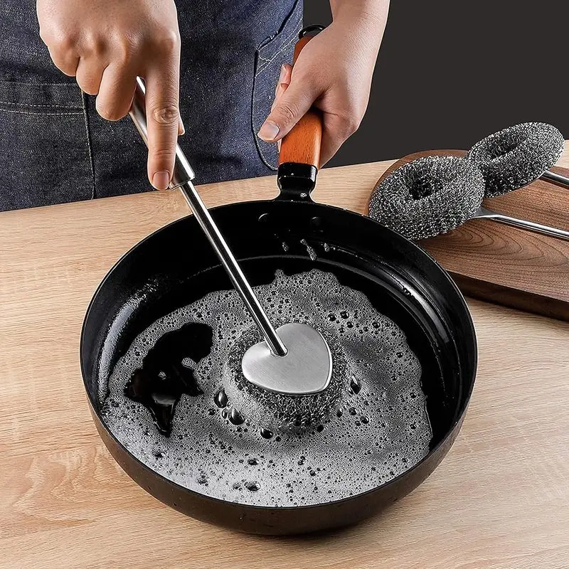 Stainless Steel Long Handle Pot Scrubber,Dish Cleaning Tools for Kitchen,Dish Cleaner Metal Scrubber