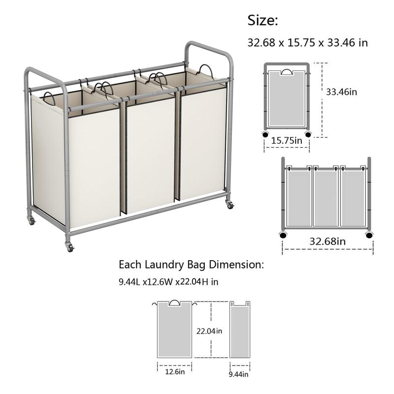 3-Bag Laundry Basket Hamper Laundry Sorter Cart laundry room organization with Heavy Duty Rolling Lockable Wheels and Removable Bags【A001】 Deals For You Days