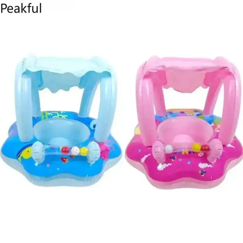 Inflatable Baby Pool Float with UPF 50+ Sun Canopy & Toy Console, Anti-Tip Toddler Swim Trainer with Adjustable Safety Seat for 6-36 Months, Ideal for Beach, Pool & Summer Fun
