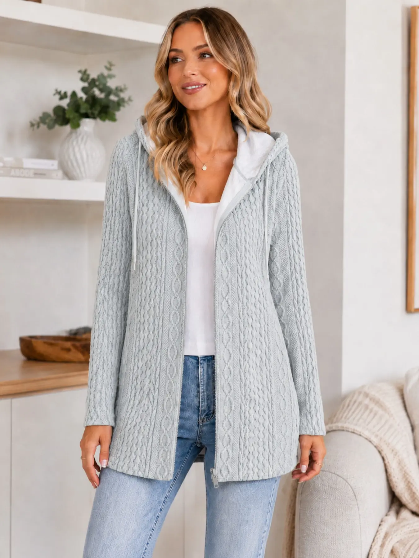 Women's Vintage Herringbone Hooded Knit Jacket, Fleece Lined Mid-Length Zipper Loose Fit Knitwear Cardigan, Essential Winter Casual Style