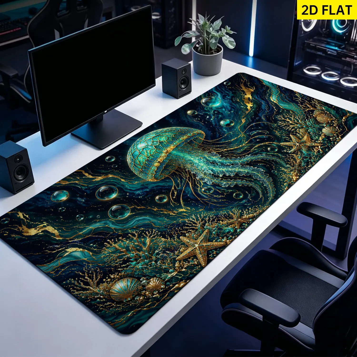 Extra Large glowing teal jellyfish and golden ocean art Mouse Pad,Non Slip Rubber Pad,Desktop Decoration Drotection Pad,Washable,Lock Edge Multi Size,Premium Multipurpose Mousepad For Home,Office,Gift for Family and Friends