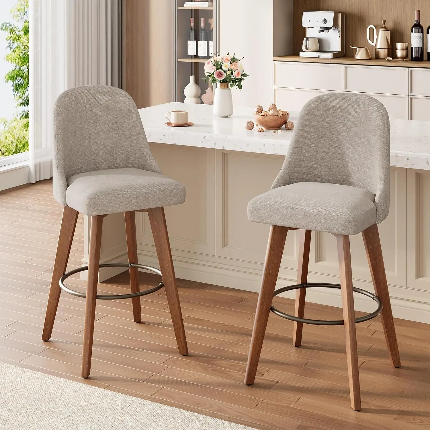 26" Counter Stools Set of 2 – Swivel Bar Chairs with Linen Fabric Upholstered Back & Seat, Sturdy Wood Legs, Perfect for Kitchen Island and Bar Counter