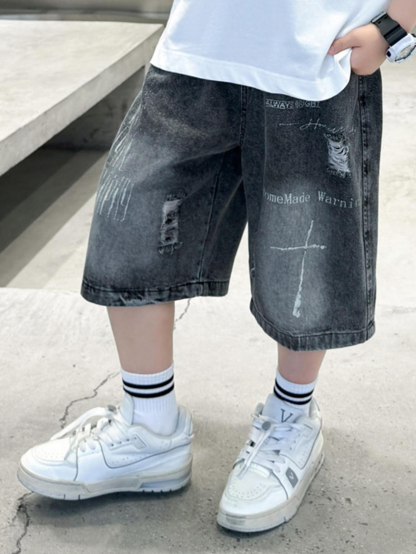 (New)Boys' Distressed Denim Shorts with Ripped Lettering - Loose Fit Streetwear Style, Machine Washable Summer Casual Shorts Suitable for Daily Wear, Outdoor Play & Valentine's Gifts for to Teen Boys, Perfect for Outdoor