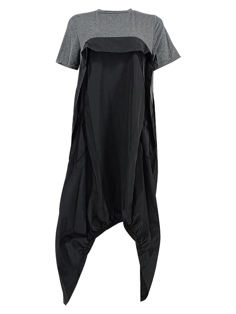 Women's Leather Patchwork Pocket Dress, Vintage Casual Style, Short Sleeve Midi Dress, Loose-Fitting Plain Design, Perfect for Everyday Wear