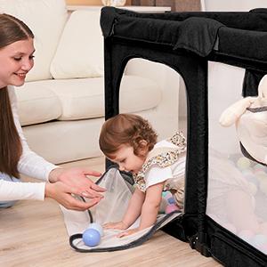 Foldable Baby Playpen with Gate, Extra Large Collapsible Play Yard for Babies & Toddlers, Portable Travel Playpen, Baby Activity Center for Indoor & Outdoor Use (Black 59"*71")