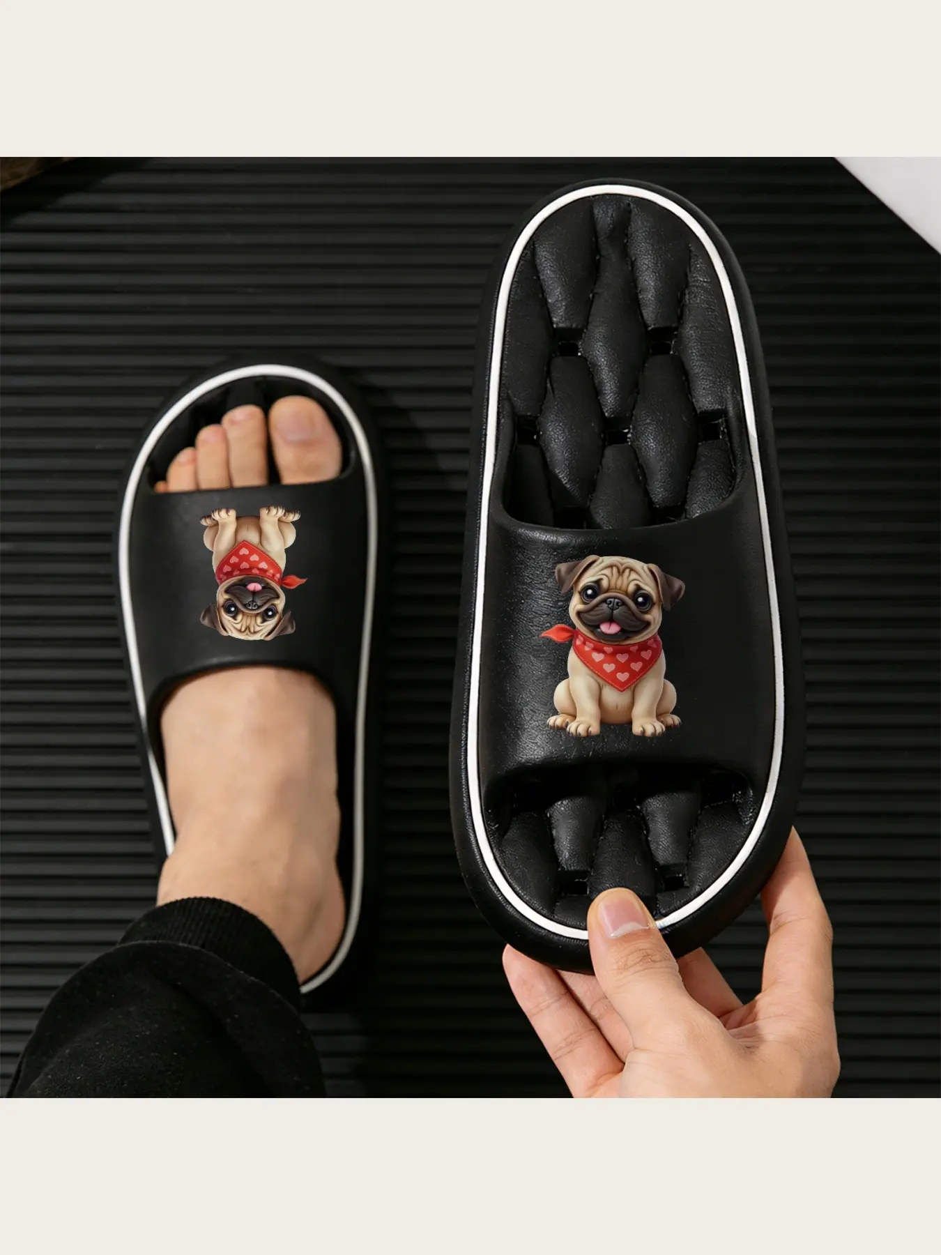 Adorable Pug Puppy Slippers with Red Heart Bandana Design Comfortable Soft Sole House Shoes for Women Men Cute Animal Print Indoor Slippers Non-Slip Warm Winter Footwear Fashion Casual Home Slippers