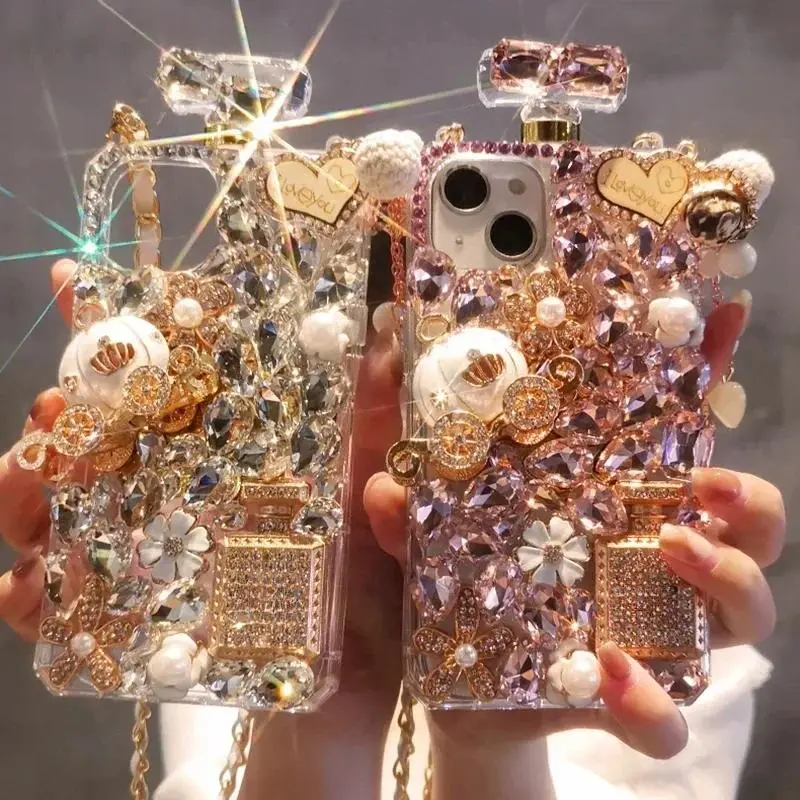 Rhinestone Perfume Bottle Shape Phone Cover with Crystal Pumpkin Pattern, Crossbody, For iPhone 17 16 15, 14 Pro Max