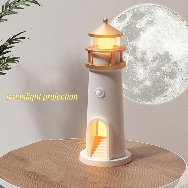 Moonlight Lighthouse Projection Light with Motion-Sensor Night Light, USB Rechargeable Lighting, Bedroom Bedside Lamp, LED Moonlight Projection Ambient Light, Decorative Gentle Lamp