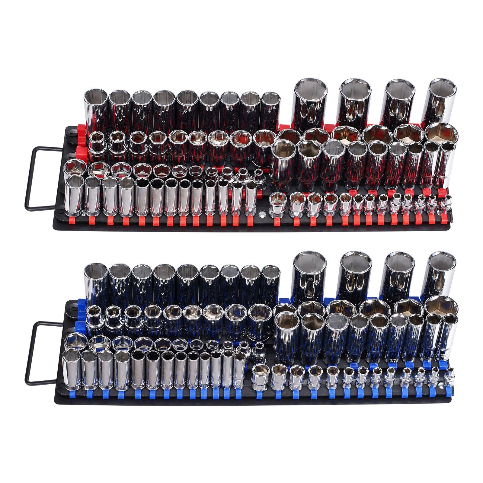 Portable Socket Organizer Tray 2PCS Metric & SAE Socket Organizer Set Hold up to 160 Sockets, 1/4", 3/8" and 1/2" Heavy-Duty Socket Rail with Handle & Steel Base for Tool Box Drawer
