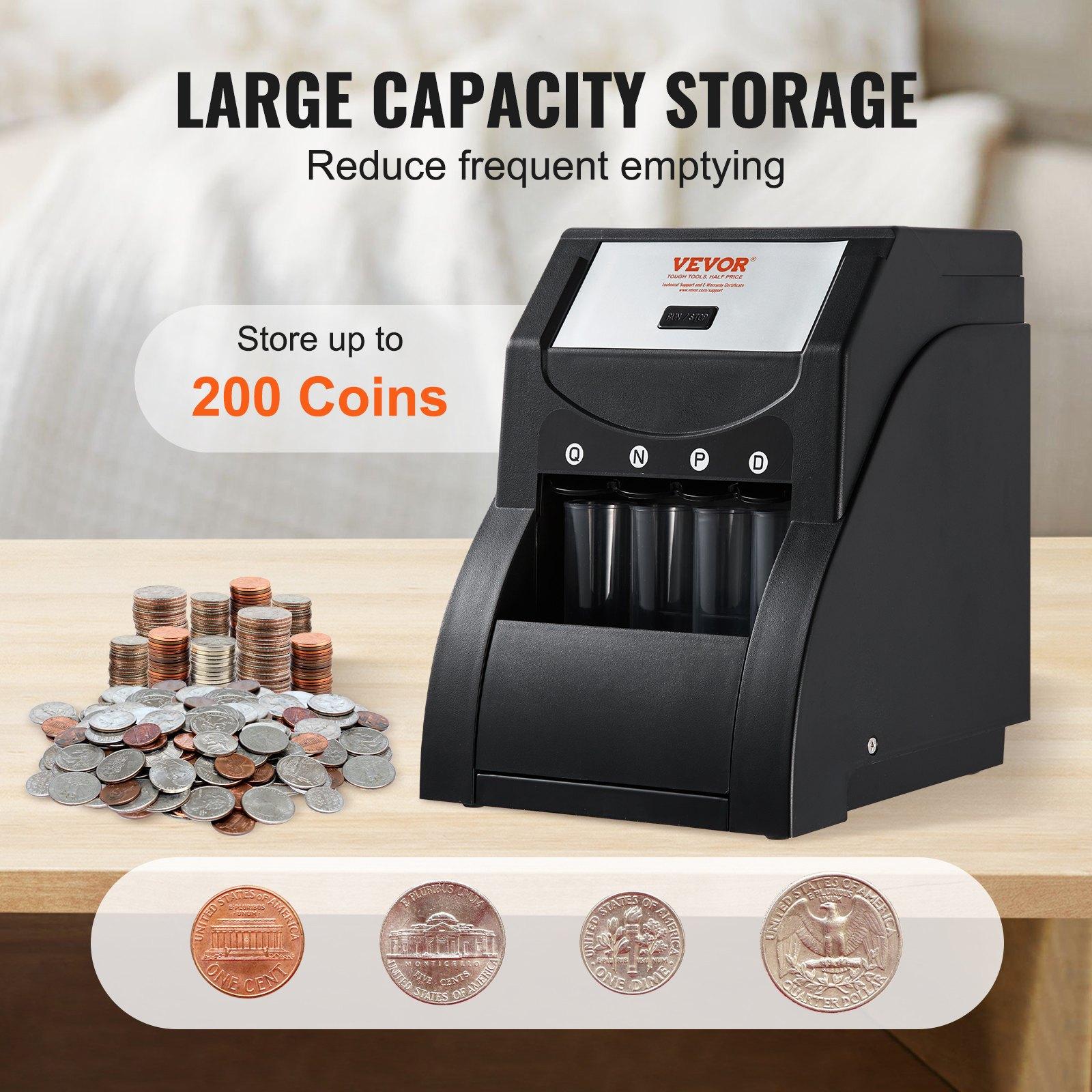 VEVOR USD Coin Sorter, Coin Sorter Machine for USD Coin 1¢ 5¢ 10¢ 25¢, Sorts up to 230 Coins/min, Coin Sorter and Wrapper Machine Holds 200 Coins Included 4 Coin Tubes, Black VEVOR USD Coin Sorter, Coin Sorter Machine for USD Coin 1¢ 5¢ 10¢ 25¢, Sorts up to 230 Coins/min, Coin Sorter and Wrapper Machine Holds 200 Coins Included 4 Coin Tubes, Black