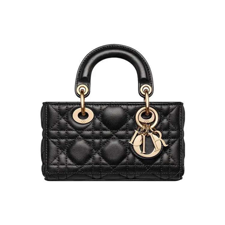 Dior Lady D-Joy Mini Shoulder Bag for Women – Lambskin Chevron-Quilted Black Bag with Light Gold Metal Logo Pendant